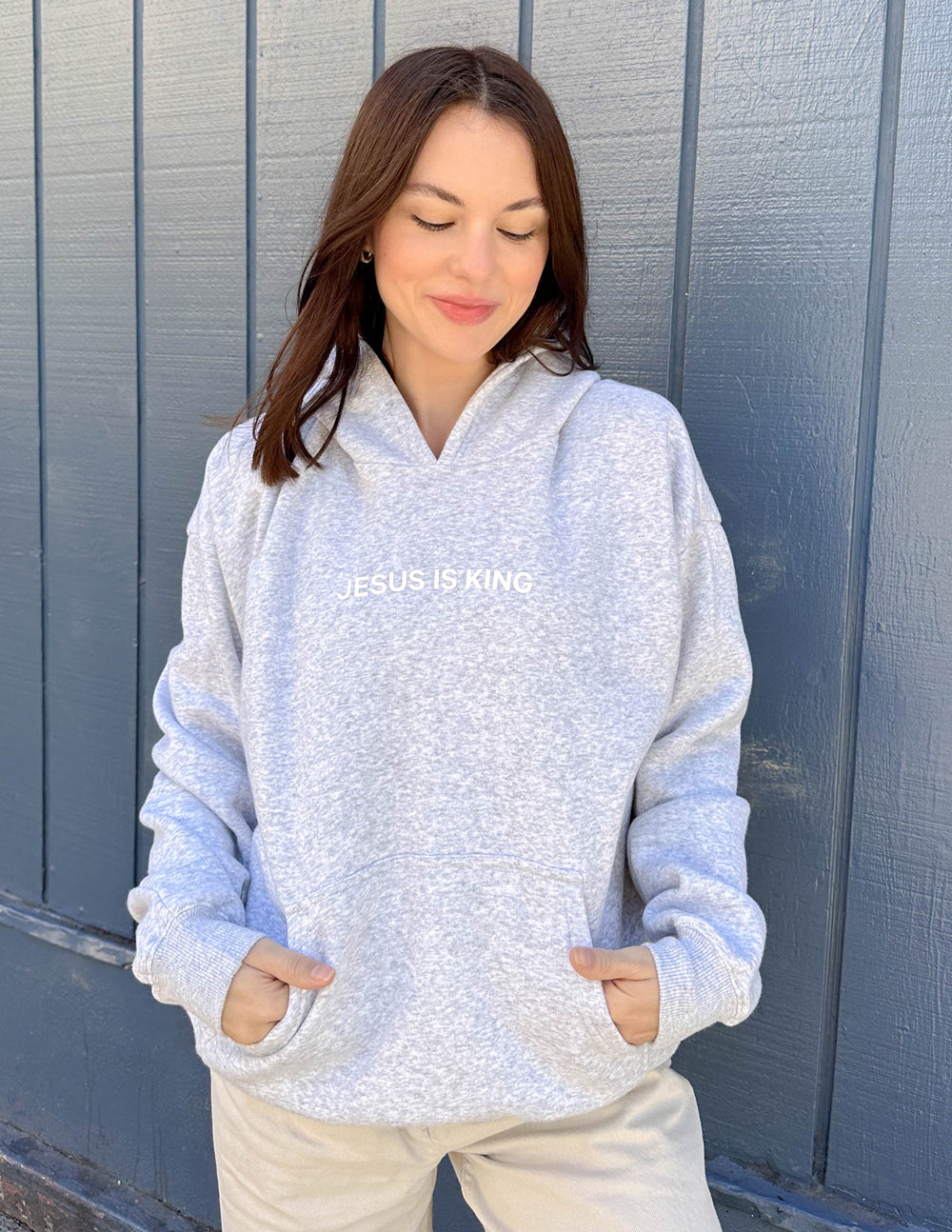Elevated Faith Jesus Is King Heather Grey Unisex Hoodie — side view