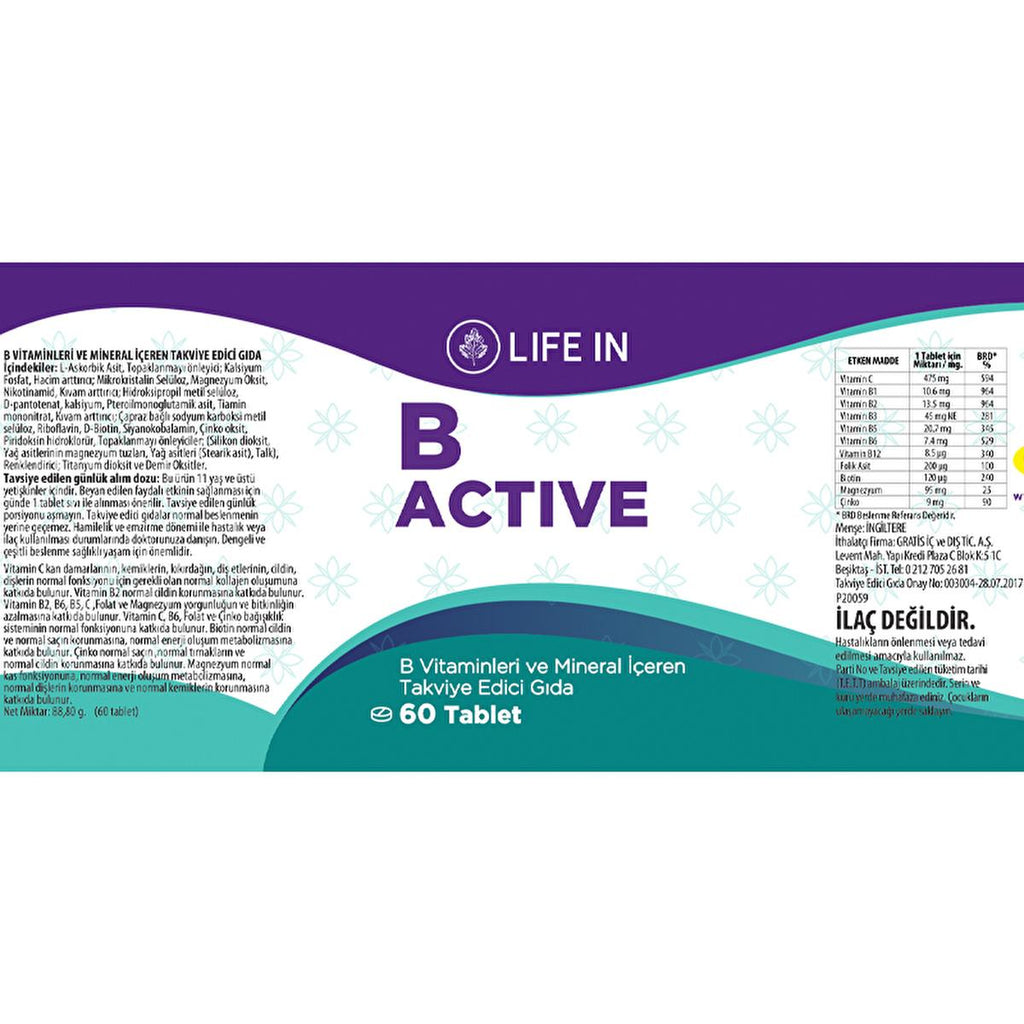 Life In B-Aktif: MultiVitamin Tablet with Vitamin C, Biotin, Zinc, Folate & Magnesium - For Hair, Skin & Nails, 30 Tablets