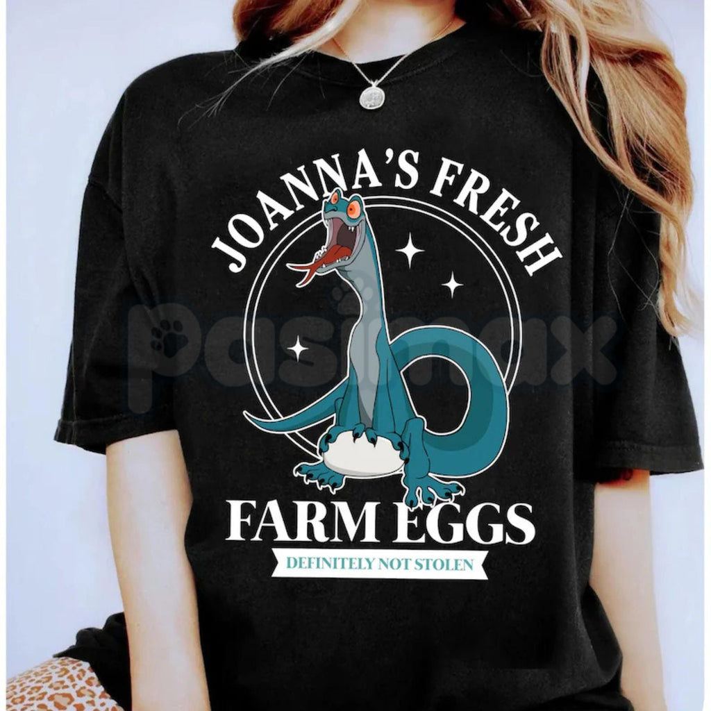 Joanna "Fresh Farm Eggs" T-Shirt – Retro Rescuers Down Under Novelty Quote Graphic Tee