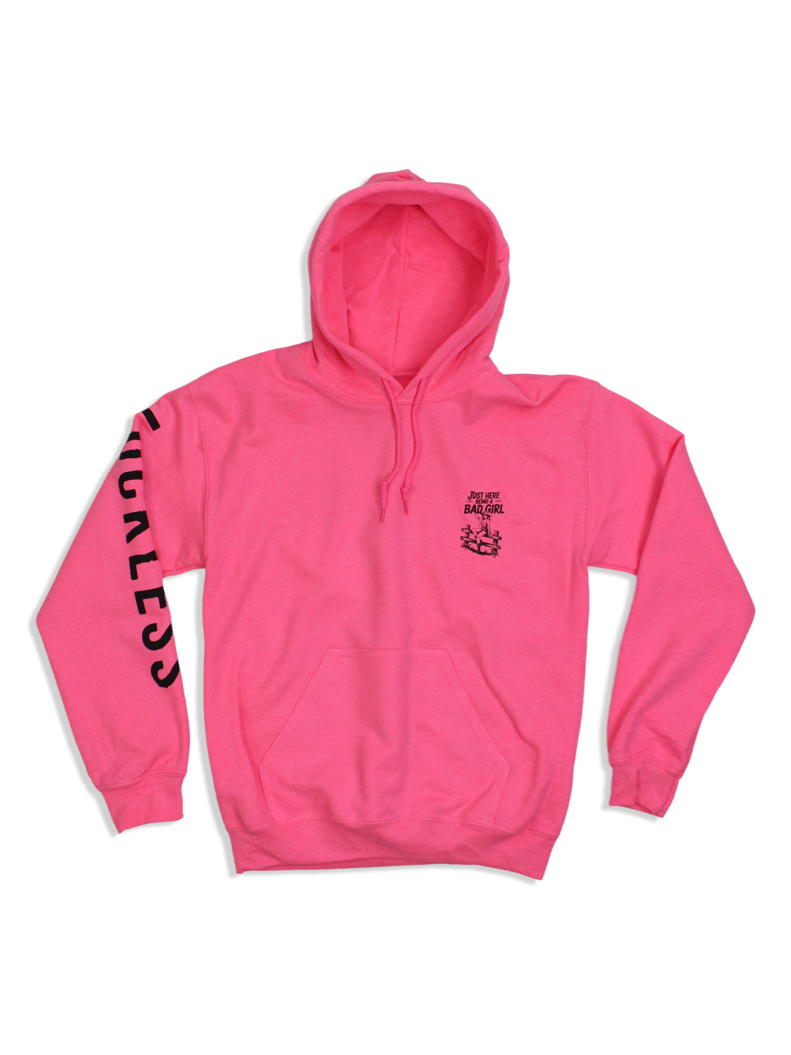 Luckless Outfitters Bad Girl Neon Pink Hoodie — detail close-up