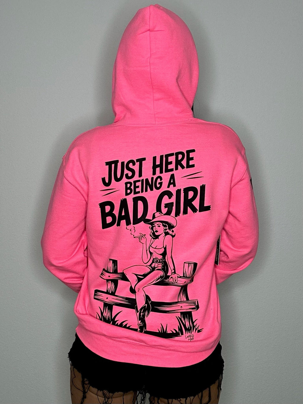 Luckless Outfitters Bad Girl Neon Pink Hoodie — back view