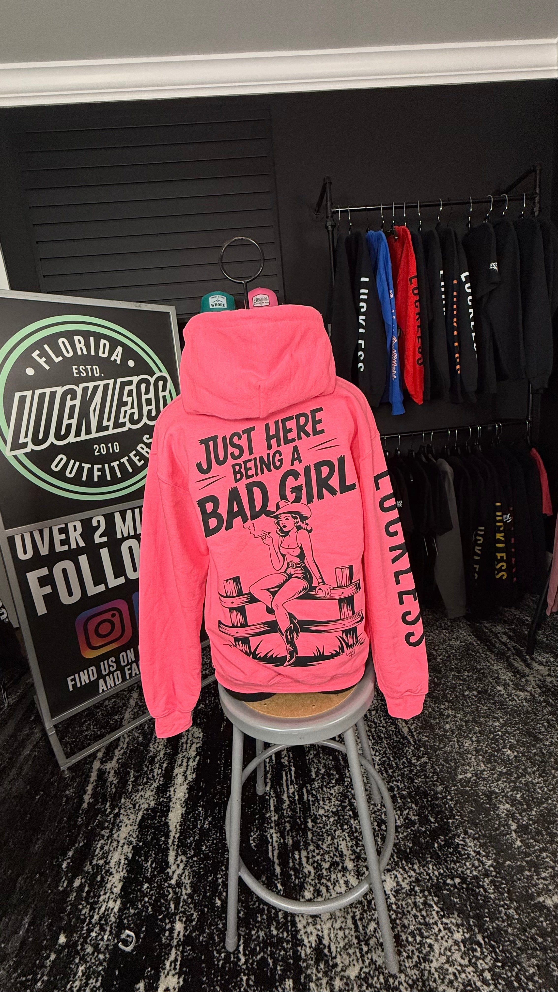 Luckless Outfitters Bad Girl Neon Pink Hoodie — in-use photo