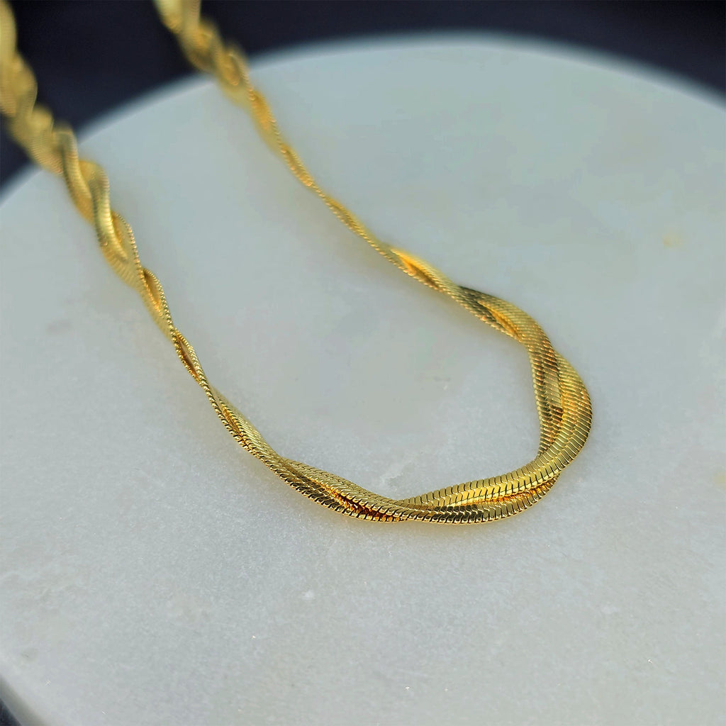 BodyCandy Stainless Steel Gold Tone PVD Braided Herringbone Chain Necklace — detail close-up