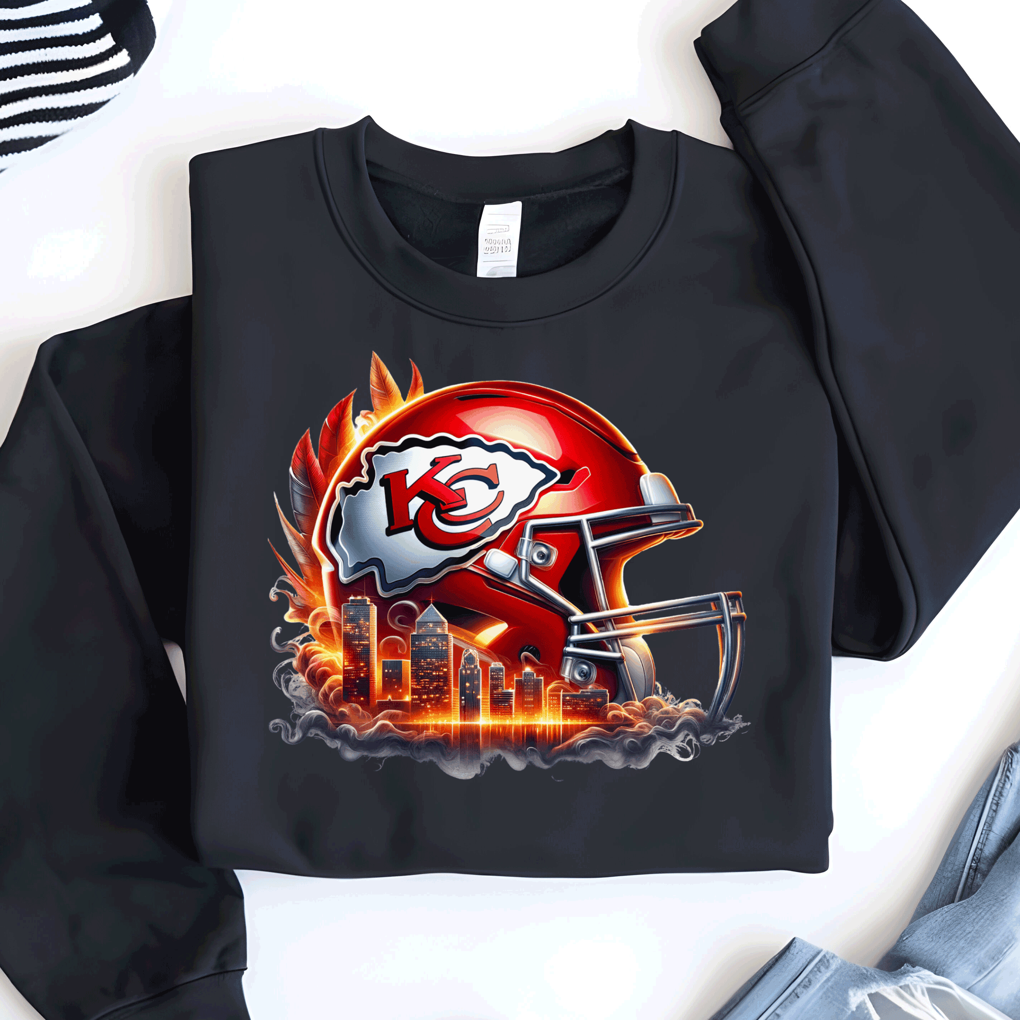 A Blessed Texas Mess Boutique Kansas City Football Chiefs Helmet Skyline T-Shirt, KC Football Tee, Game Day… — A Blessed Texas Mess Boutique branding close-up