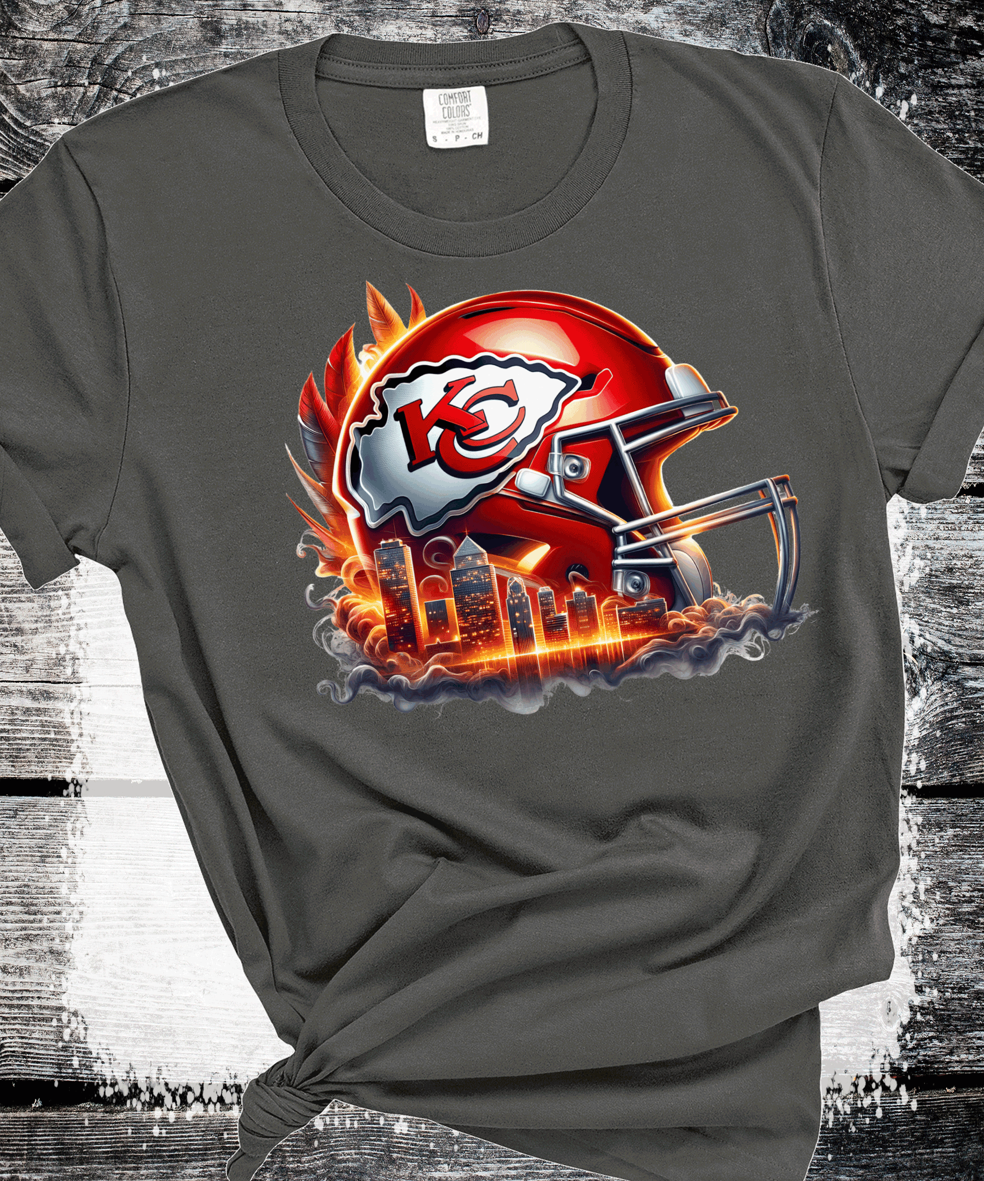 A Blessed Texas Mess Boutique Kansas City Football Chiefs Helmet Skyline T-Shirt, KC Football Tee, Game Day… — construction detail