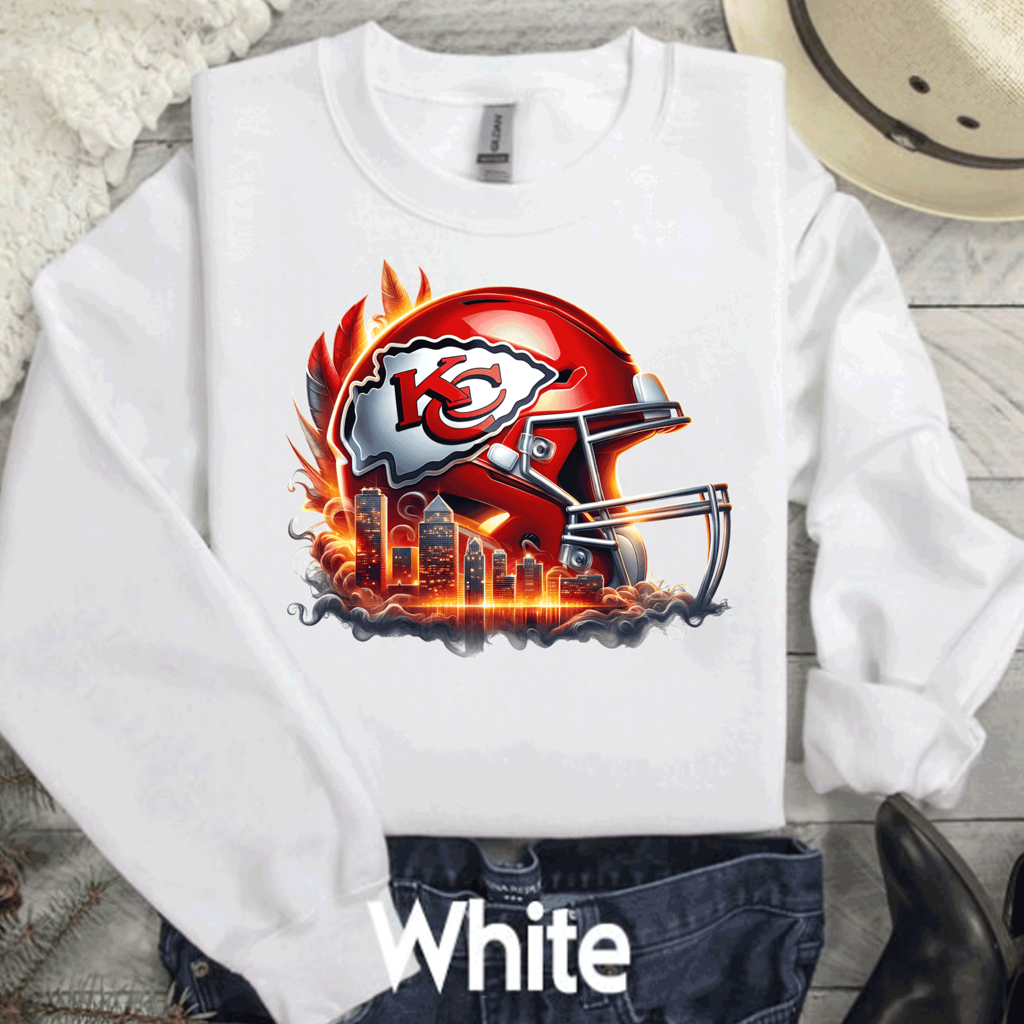 A Blessed Texas Mess Boutique Kansas City Football Chiefs Helmet Skyline T-Shirt, KC Football Tee, Game Day… — main product shot