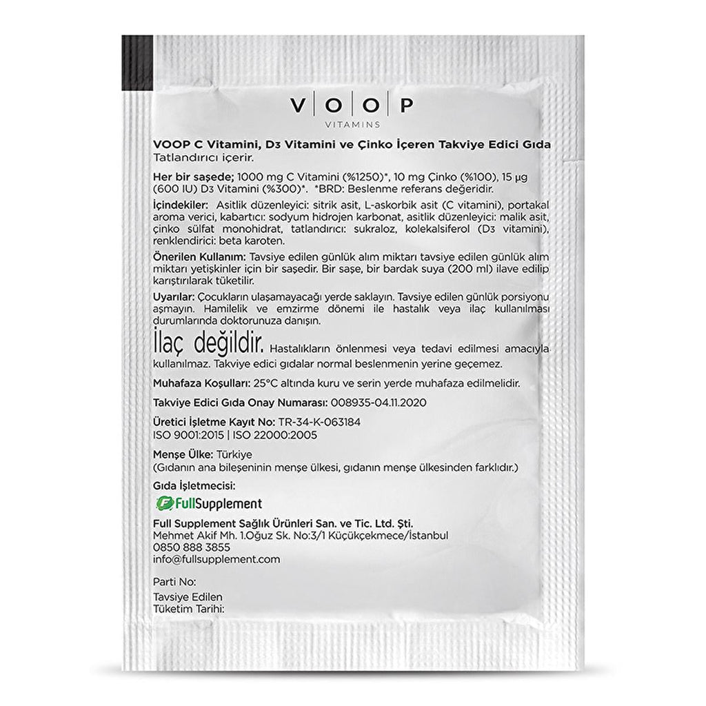 Voop Vitamin C D3 Zinc Supplement: Boost Immune Support with Orange Flavored Effervescent Vitamin Sachets for Daily Wellness