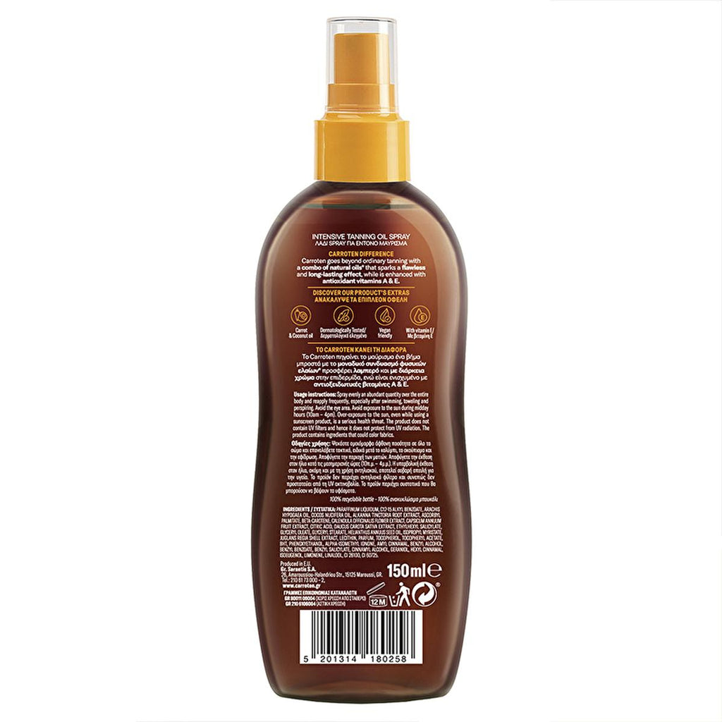 Carroten Intensive Tanning Oil SPF0: Get a Deep, Natural Bronzed Tan with Carrot & Coconut Oil | Moisturizing Sun Tanning Oil for Dark Tan