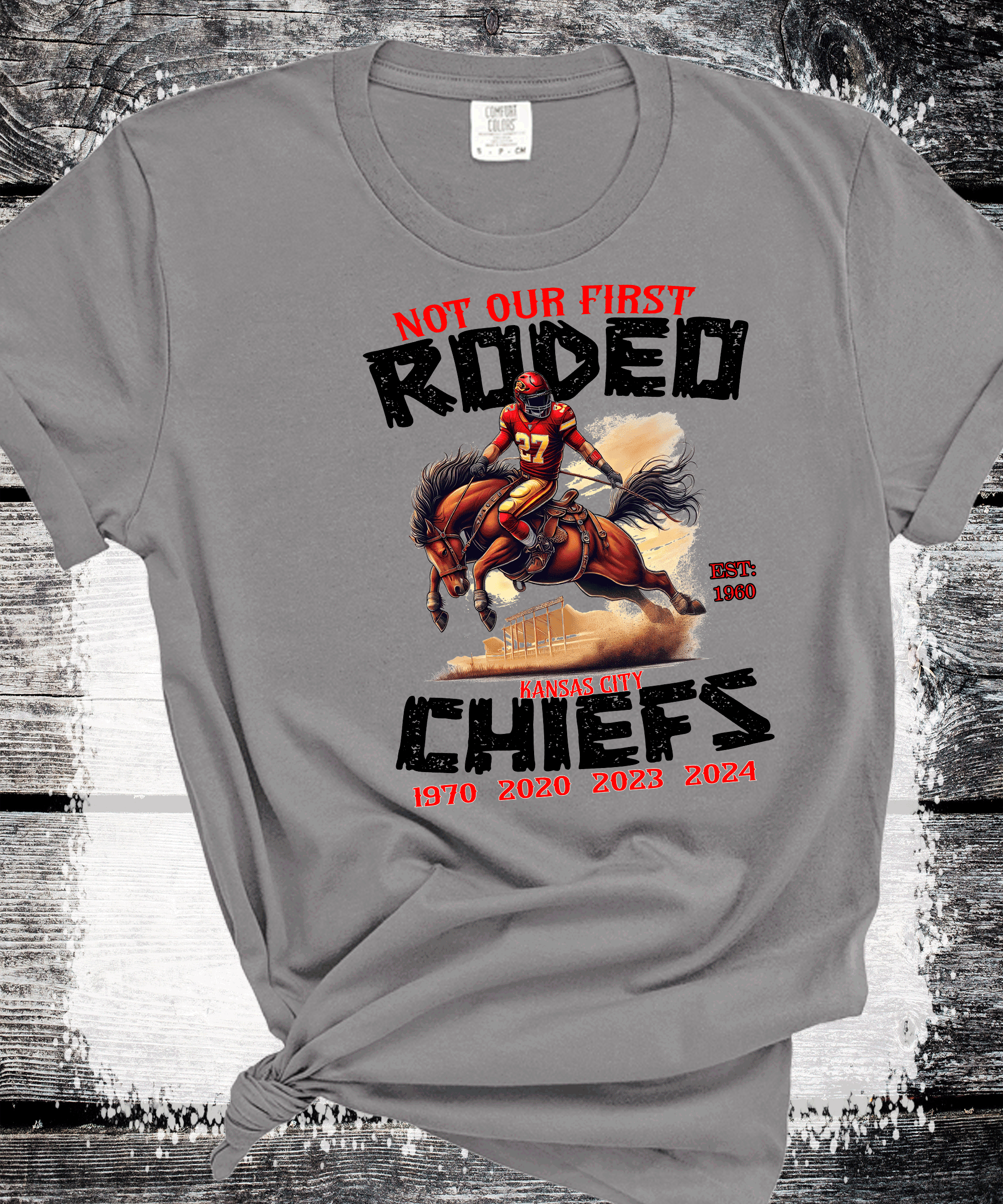 A Blessed Texas Mess Boutique Kansas City Football Chiefs Not Our First Rodeo T-Shirt, KC Football Tee, Game… — A Blessed Texas Mess Boutique branding close-up