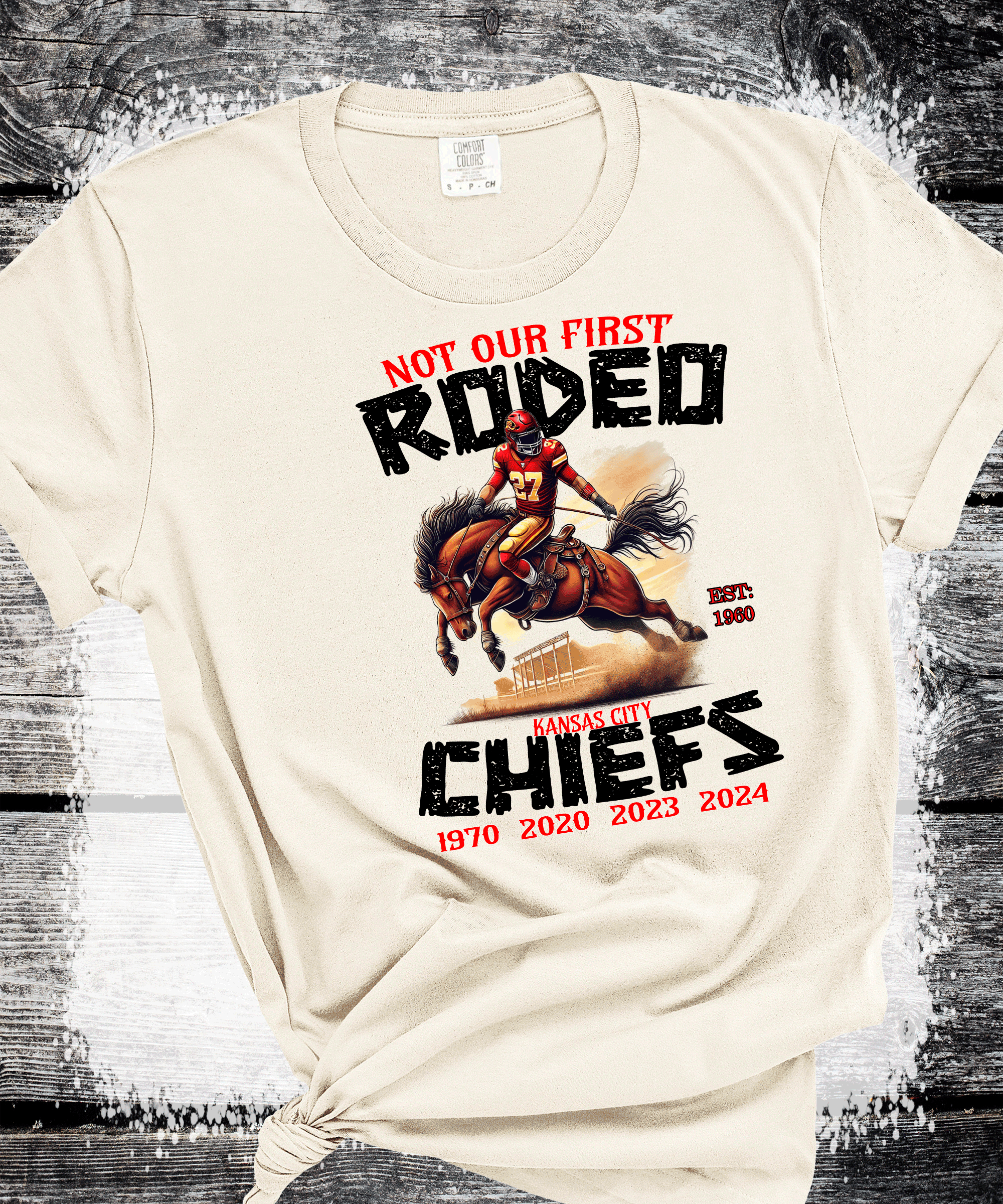 A Blessed Texas Mess Boutique Kansas City Football Chiefs Not Our First Rodeo T-Shirt, KC Football Tee, Game… — main product shot