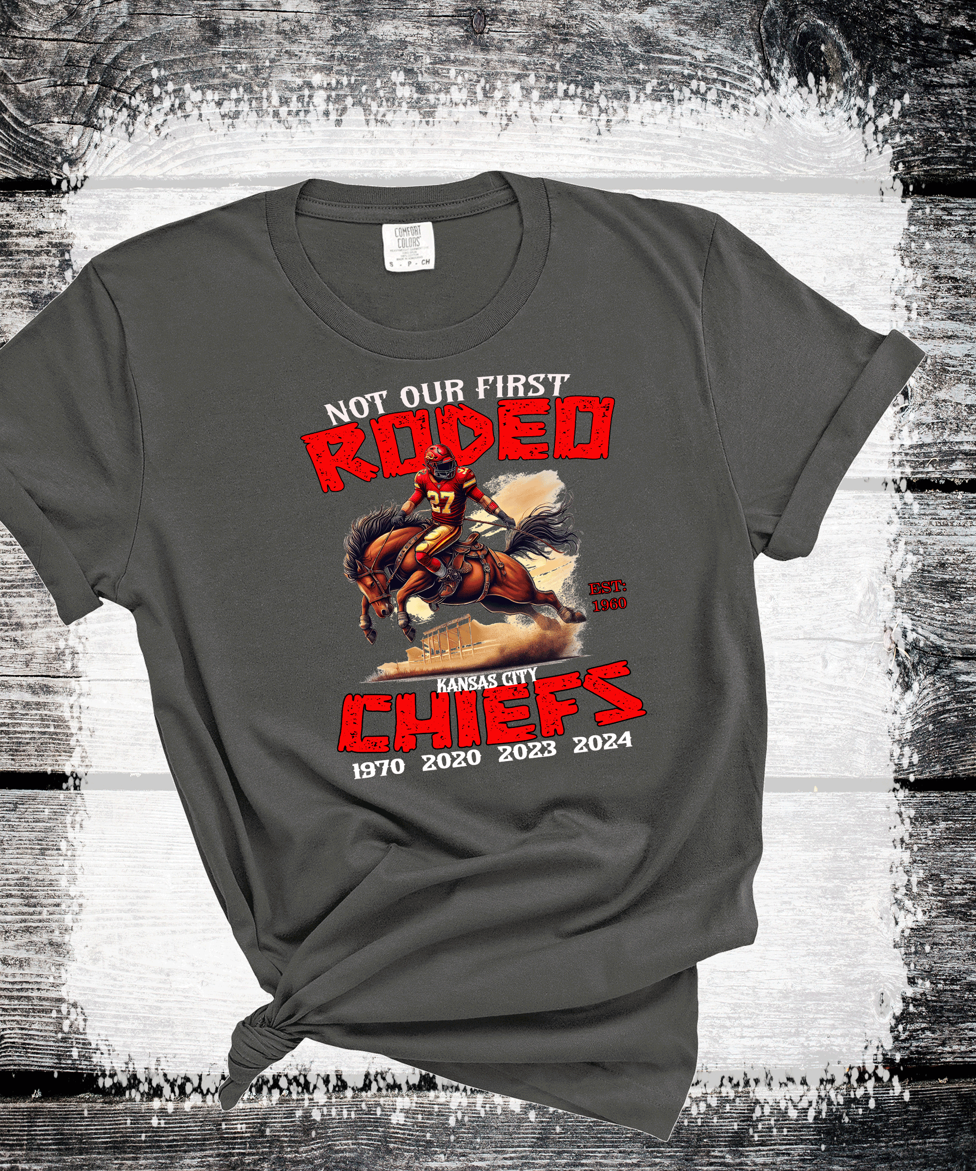 A Blessed Texas Mess Boutique Kansas City Football Chiefs Not Our First Rodeo T-Shirt, KC Football Tee, Game… — lifestyle worn / used context