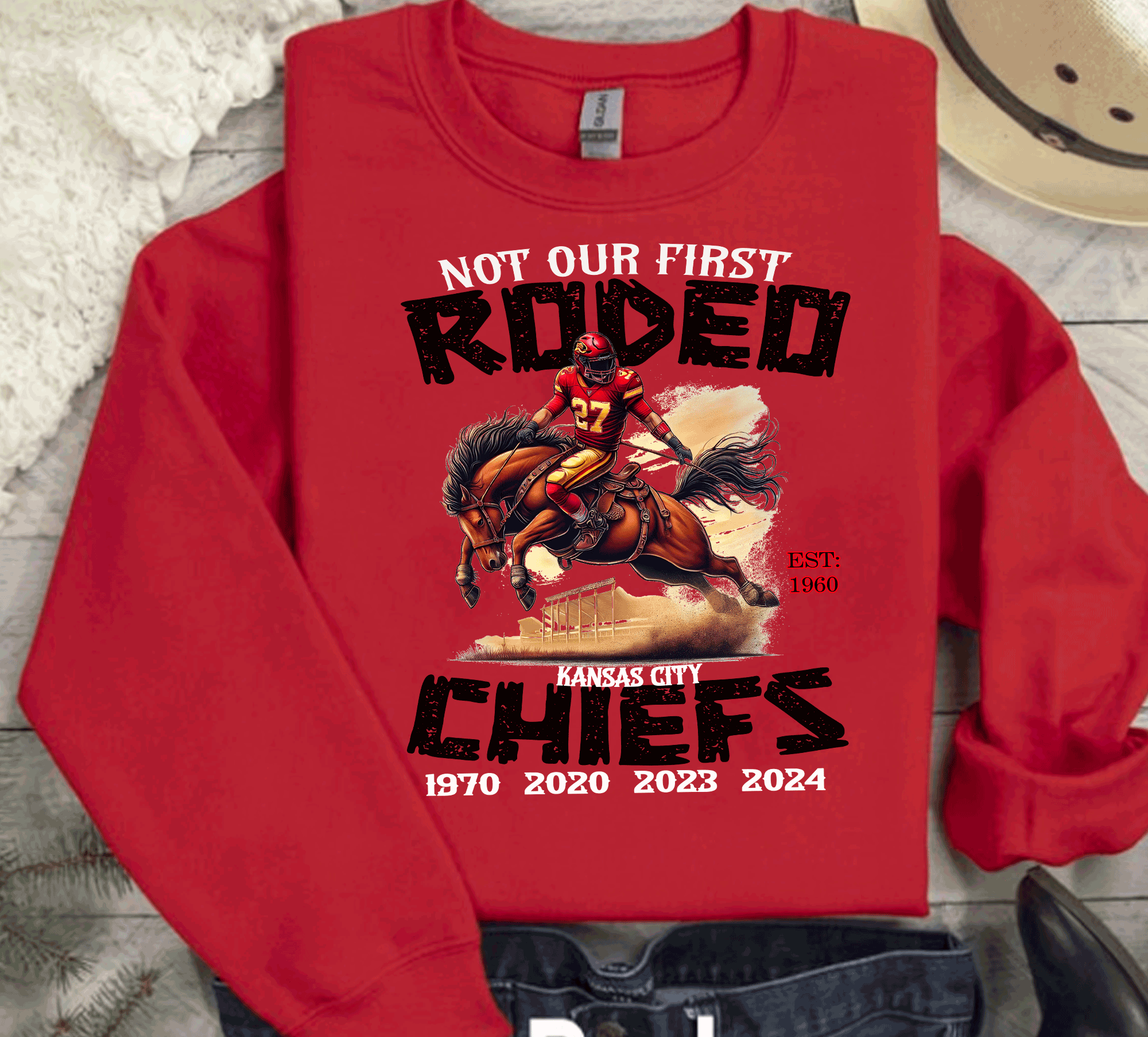 A Blessed Texas Mess Boutique Kansas City Football Chiefs Not Our First Rodeo T-Shirt, KC Football Tee, Game… — construction detail
