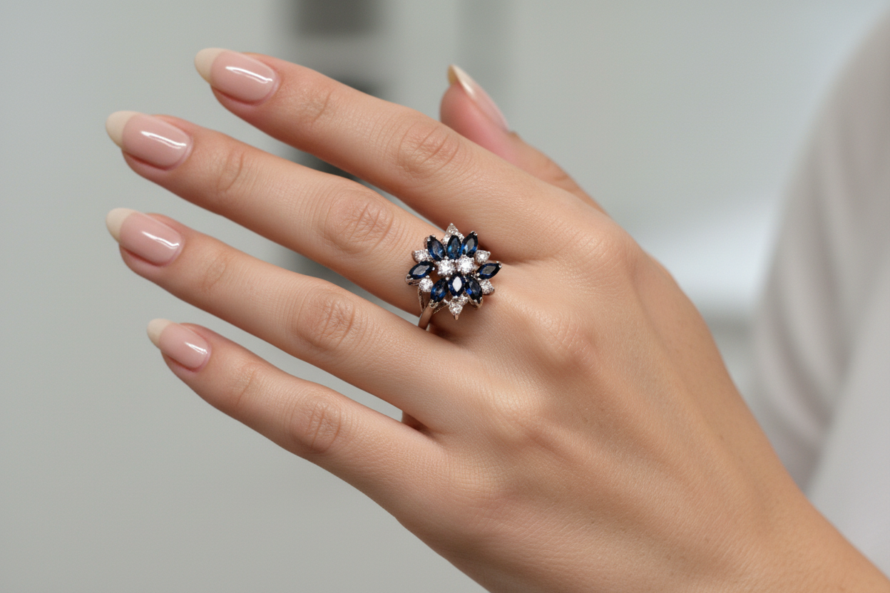 Just Neat Stuff Blue Sapphire & Rhinestones Cluster Cocktail Ring — detail close-up