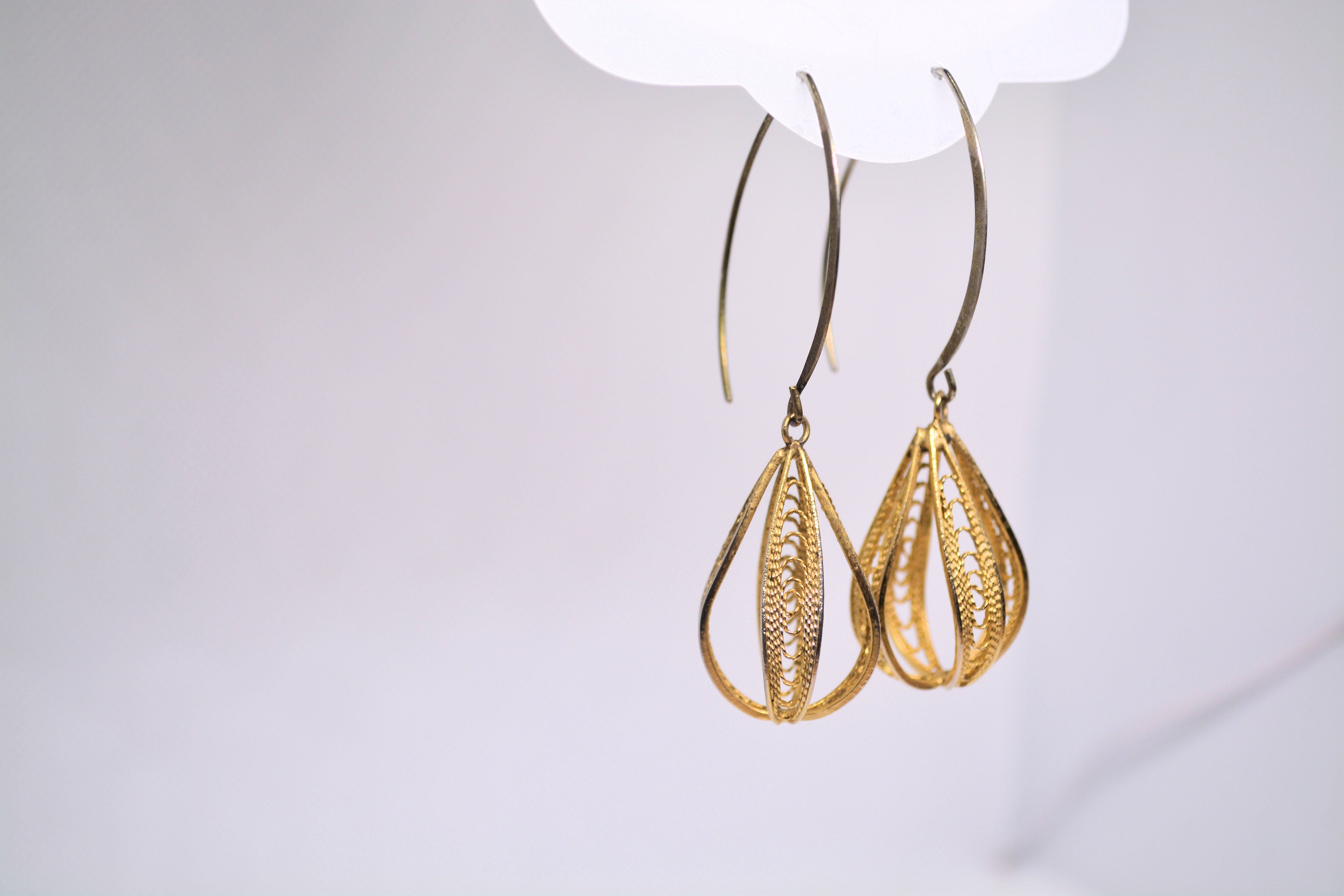 Just Neat Stuff Gold Ornate Drop Earrings — detail close-up