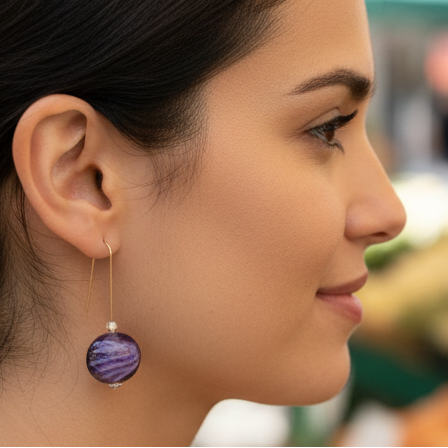 Just Neat Stuff Purple glass earrings — detail close-up