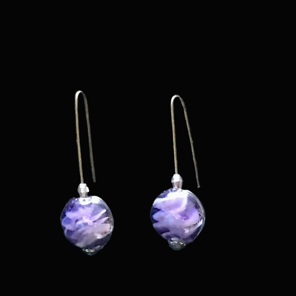 Just Neat Stuff Purple glass earrings — side view