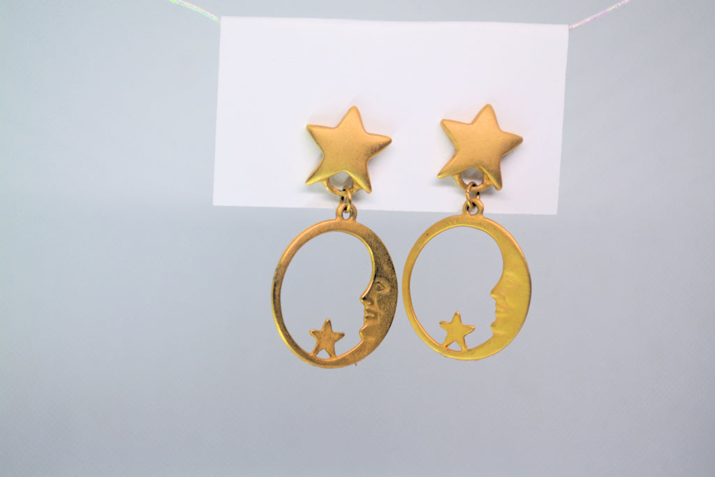 Just Neat Stuff Celestial Gold Moon face with stars Earrings — detail close-up