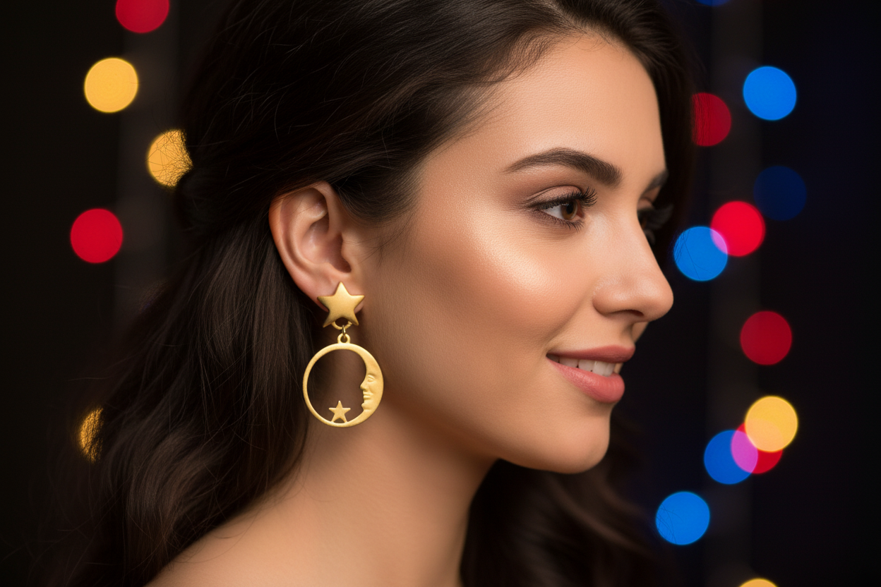 Celestial Gold Moon face with stars Earrings
