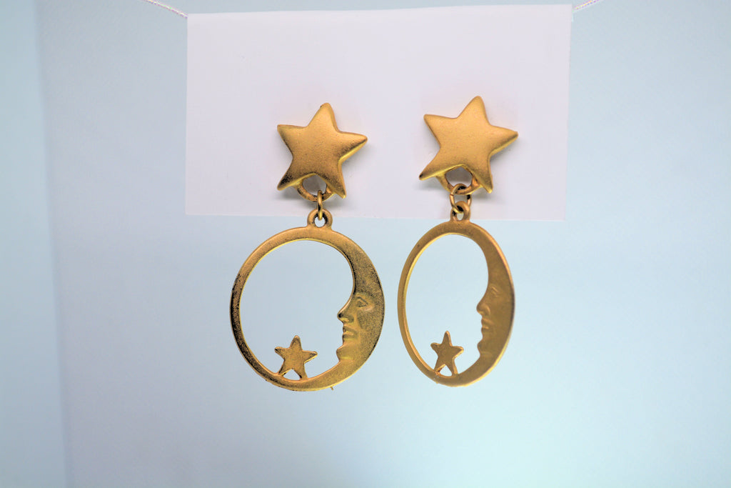 Just Neat Stuff Celestial Gold Moon face with stars Earrings — lifestyle context