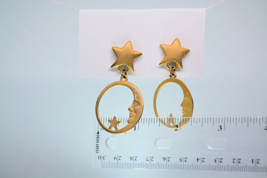 Just Neat Stuff Celestial Gold Moon face with stars Earrings — back view