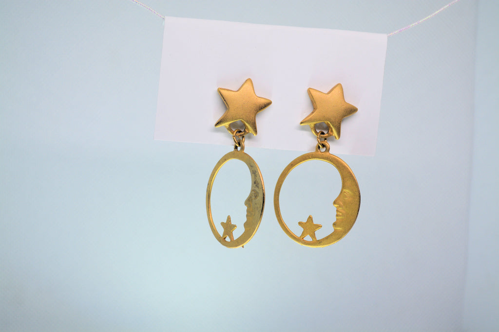 Just Neat Stuff Celestial Gold Moon face with stars Earrings — alternative angle