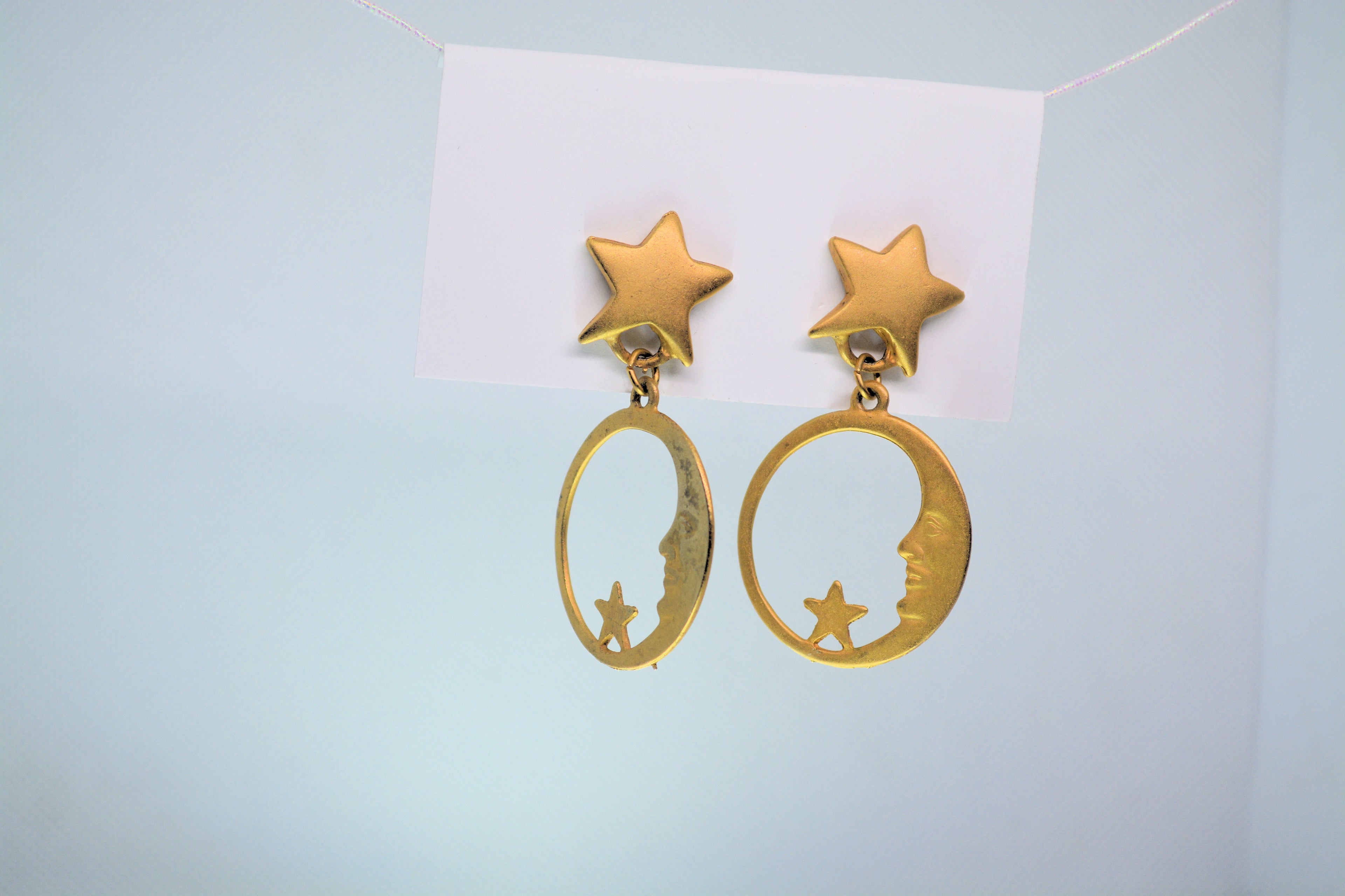 Just Neat Stuff Celestial Gold Moon face with stars Earrings — alternative angle