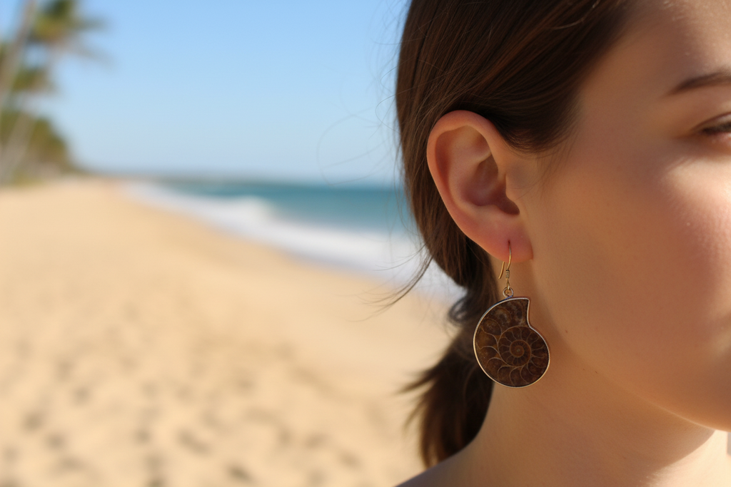 Just Neat Stuff Ammonite Fossil Earrings — detail close-up