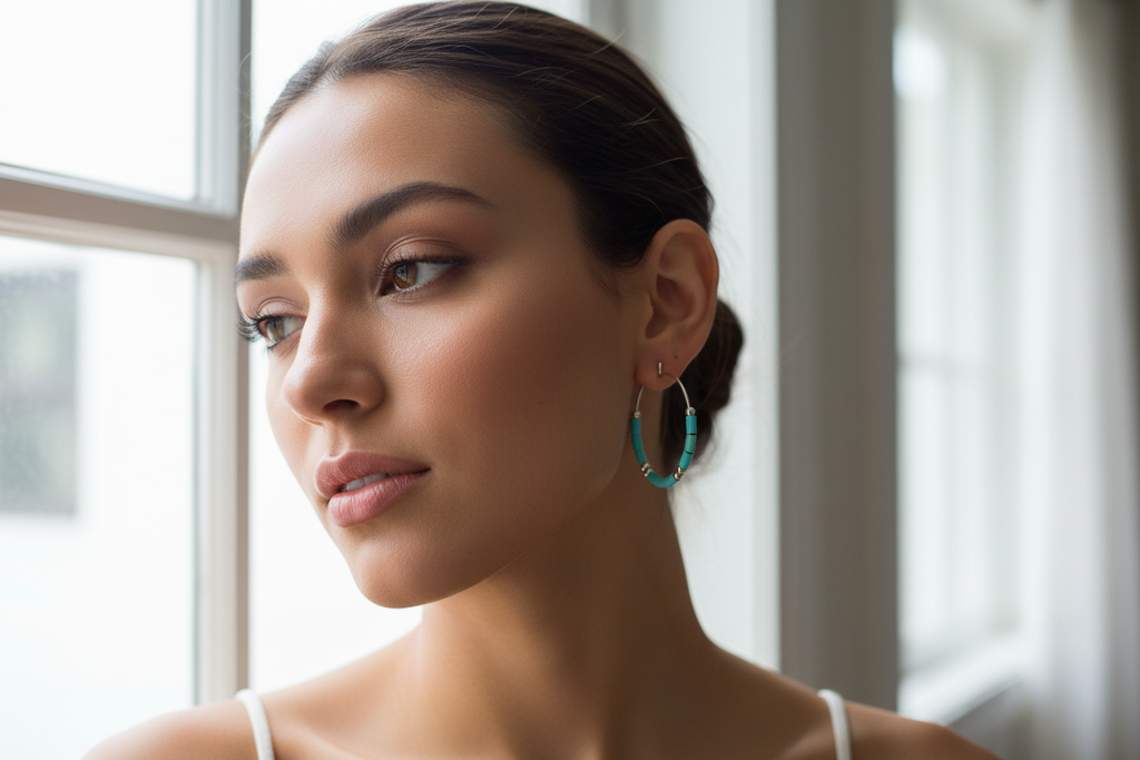 Just Neat Stuff Turquoise hoop earrings — lifestyle context