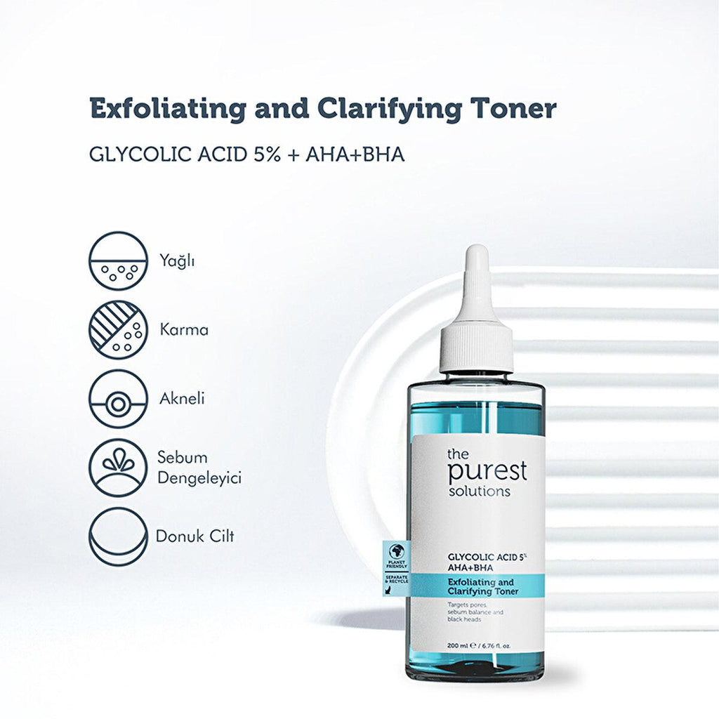 The Purest Solutions Exfoliating Toner with Glycolic Acid (5% AHA) & BHA - Anti-Aging Skincare for Pore Minimization & Sebum Balance