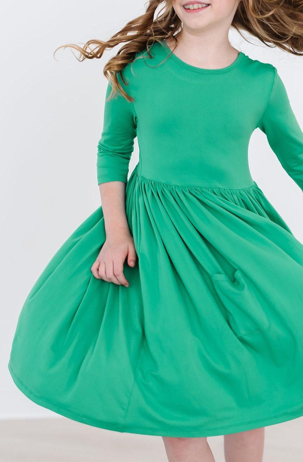 Mila & Rose ® Kelly Green 3/4 Sleeve Pocket Twirl Dress — main product shot