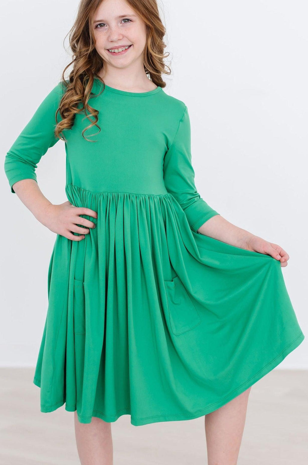 Mila & Rose ® Kelly Green 3/4 Sleeve Pocket Twirl Dress — detail close-up