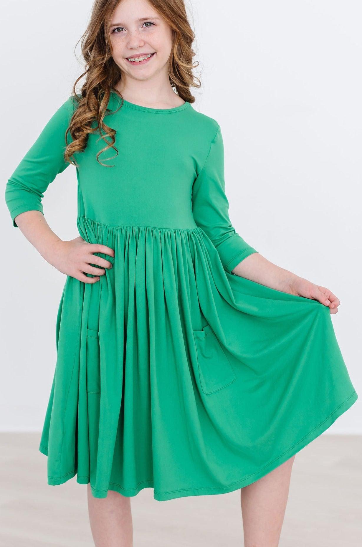 Mila & Rose ® Kelly Green 3/4 Sleeve Pocket Twirl Dress — detail close-up