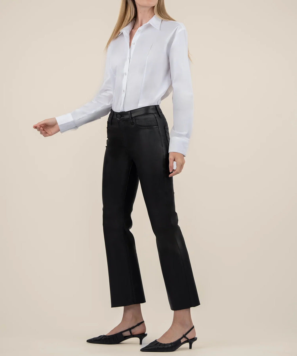 KADOU BOUTIQUE Kelsey Coated High Rise Ankle Flare Raw Hem — detail close-up