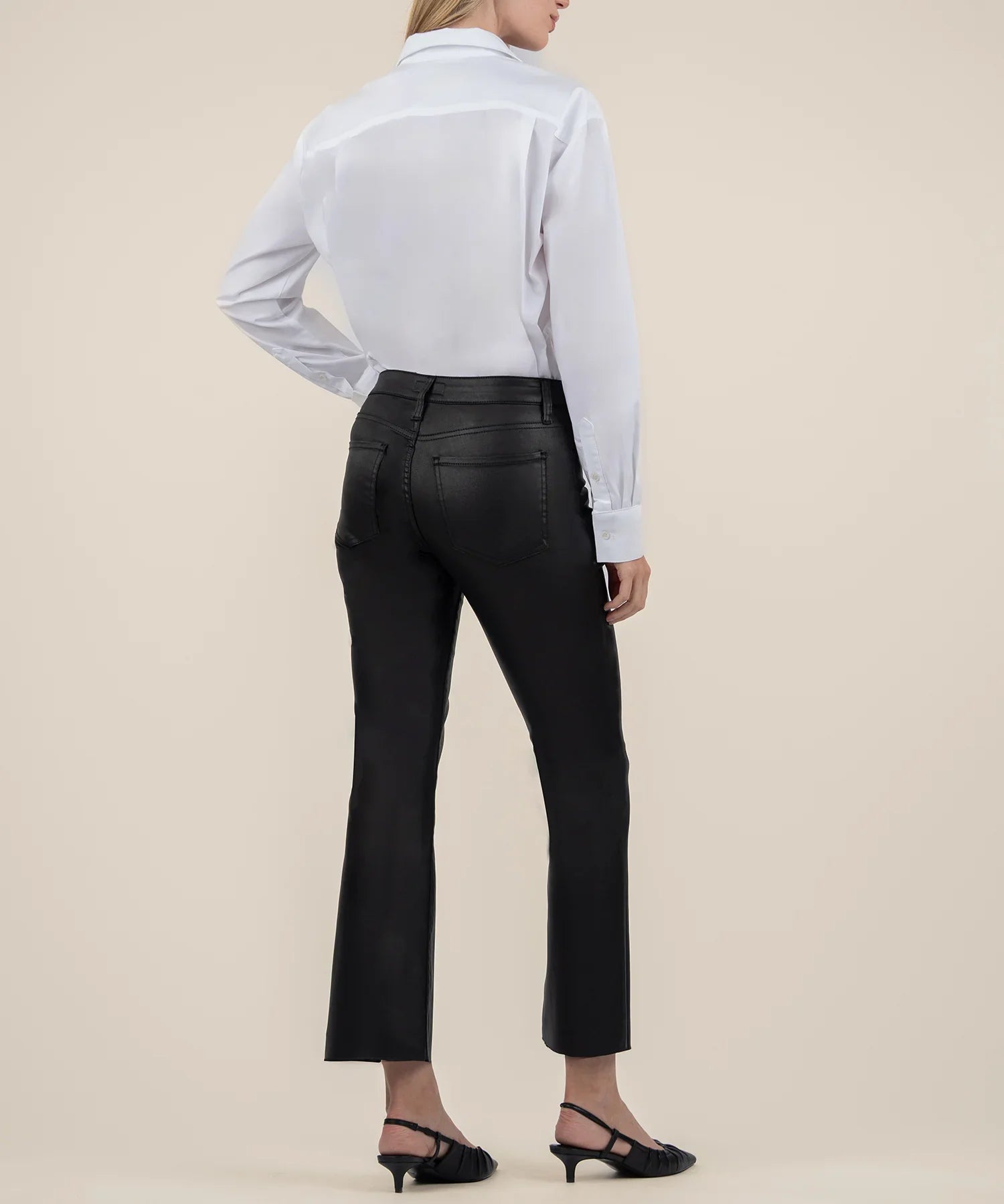 KADOU BOUTIQUE Kelsey Coated High Rise Ankle Flare Raw Hem — lifestyle context