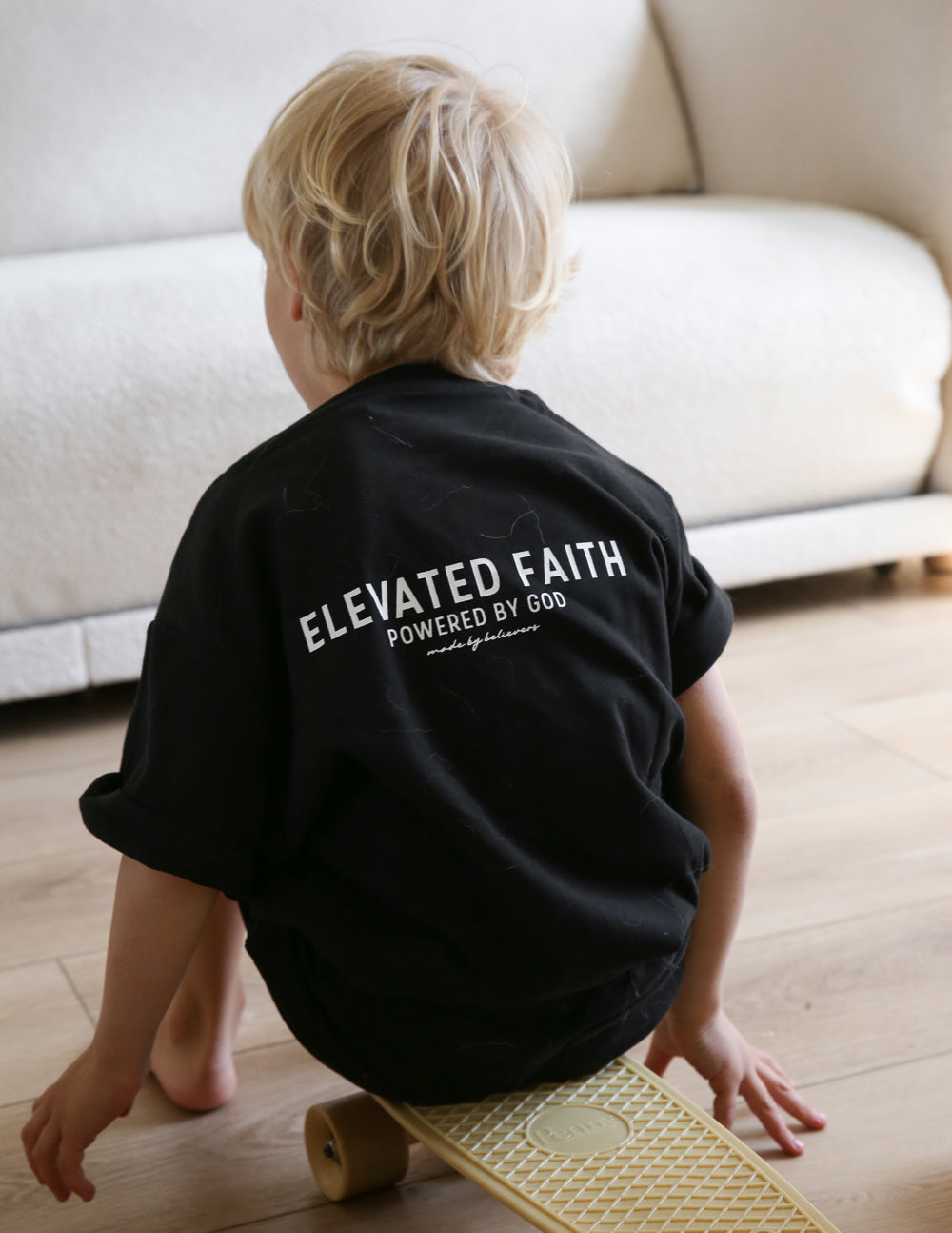 Elevated Faith Kingdom Club Black Kids Tee — in-use photo