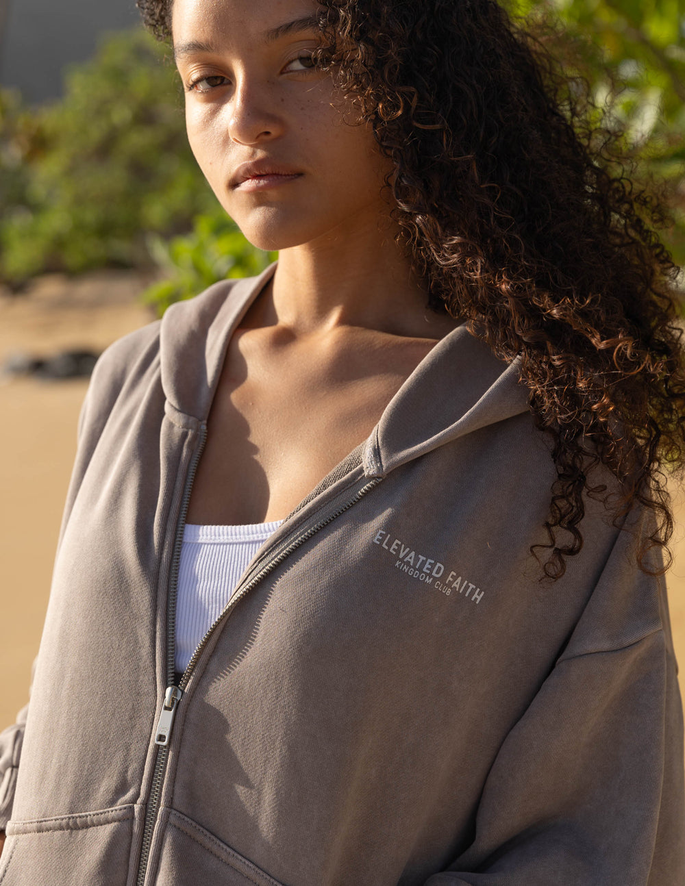 Elevated Faith Kingdom Club Brown Full-Zip Hoodie — lifestyle context