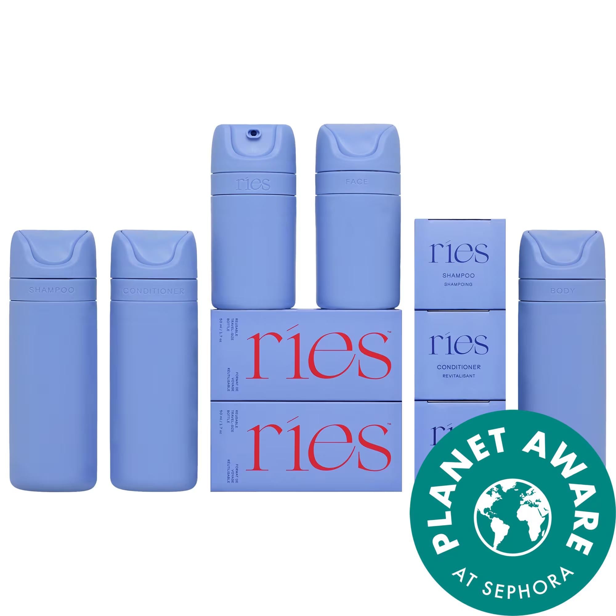 RIES - Refillable Travel Container Set: Leakproof, Reusable, & TSA Approved - Sustainable Travel Bottles for Shampoo, Conditioner, Lotion