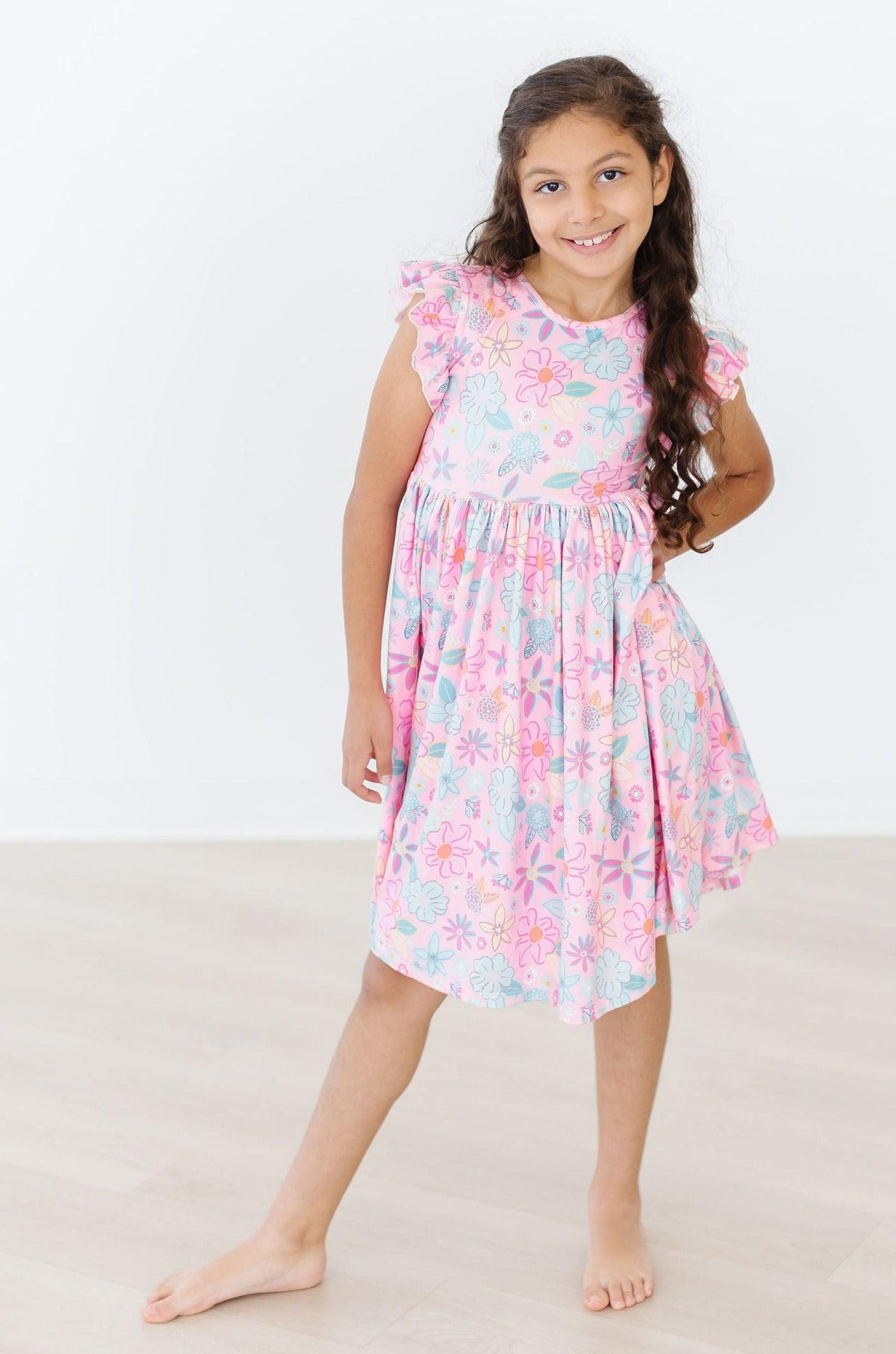 Mila & Rose ® Beachy Blooms Flutter Sleeve Twirl Dress — back view
