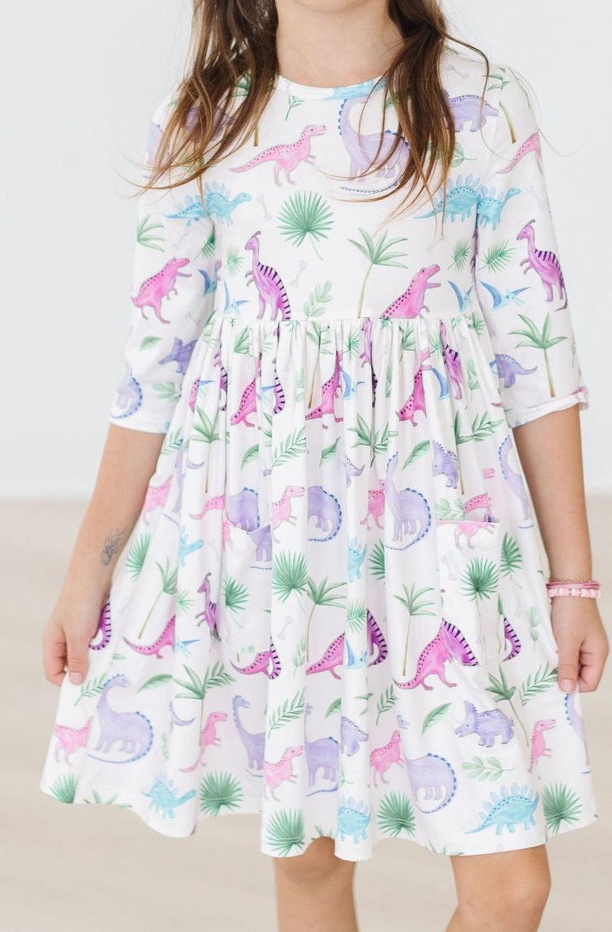 Mila & Rose ® Dino Darling 3/4 Sleeve Pocket Twirl Dress — main product shot