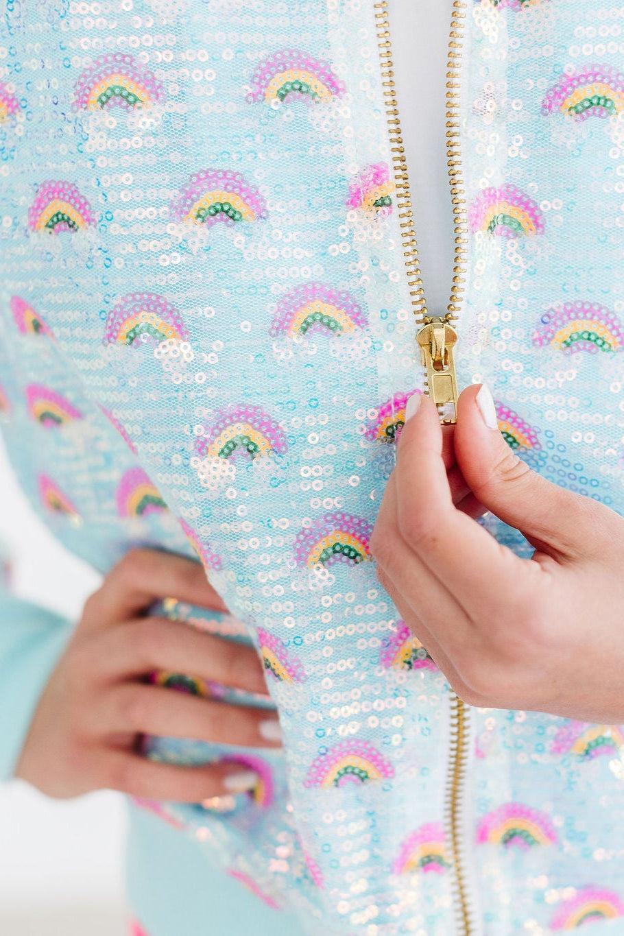 Mila & Rose ® Mint Rainbow Sequin Jacket — in-use photo