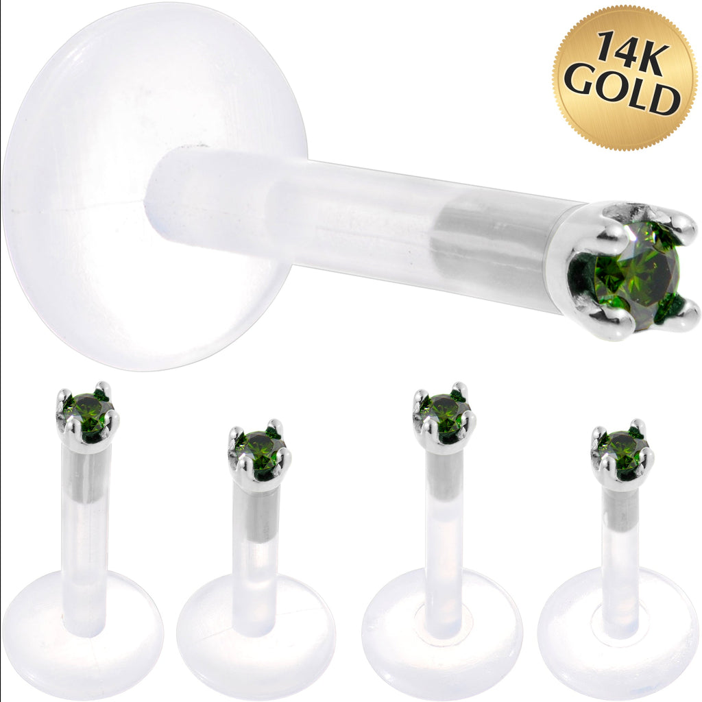 BodyCandy Solid 14K White Gold 1.5mm Genuine Green Diamond Bioplast Push in Labret — main product shot