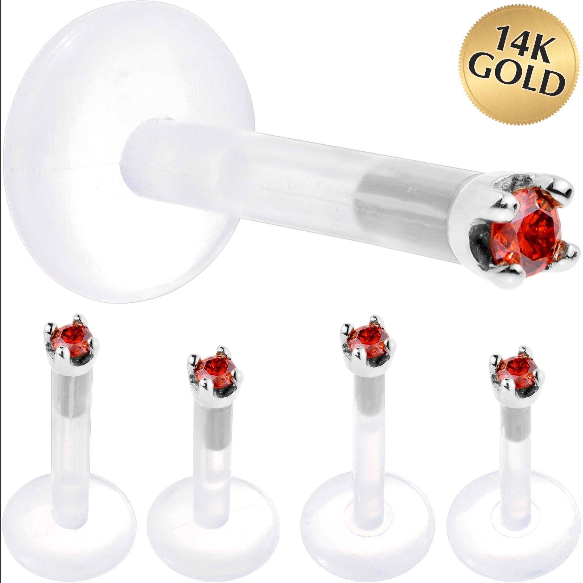 BodyCandy Solid 14K White Gold 1.5mm Genuine Red Diamond Bioplast Push in Labret — main product shot