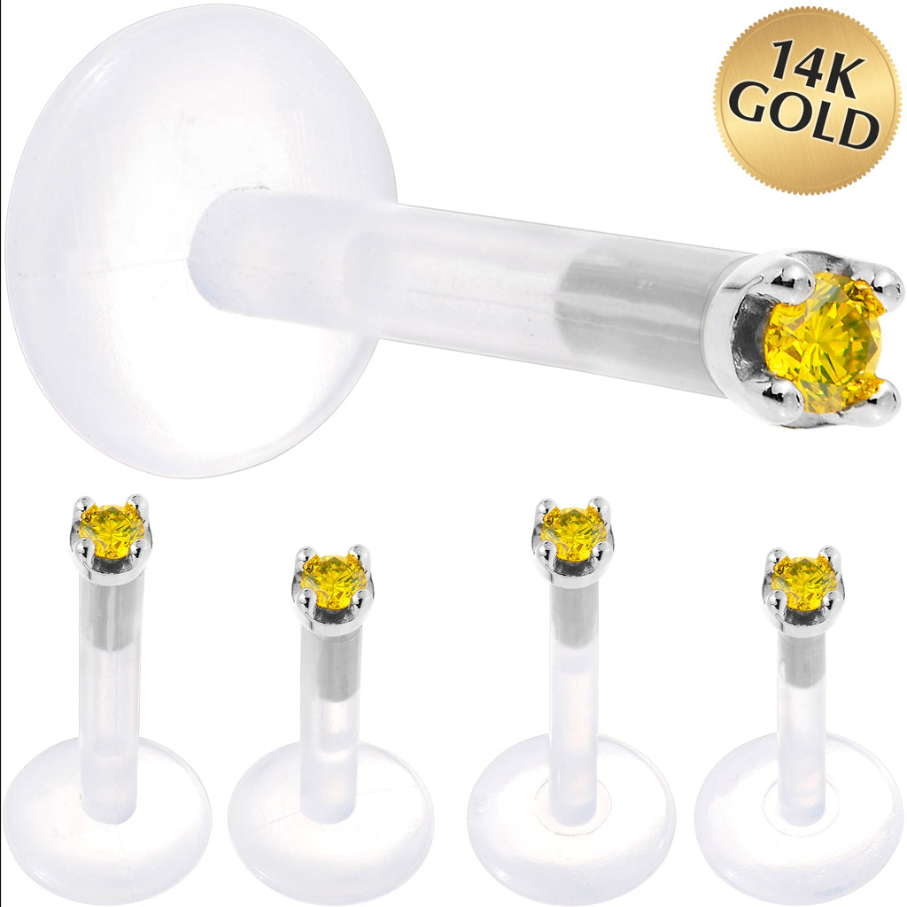 BodyCandy Solid 14K White Gold 1.5mm Genuine Yellow Diamond Bioplast Push in Labret — main product shot
