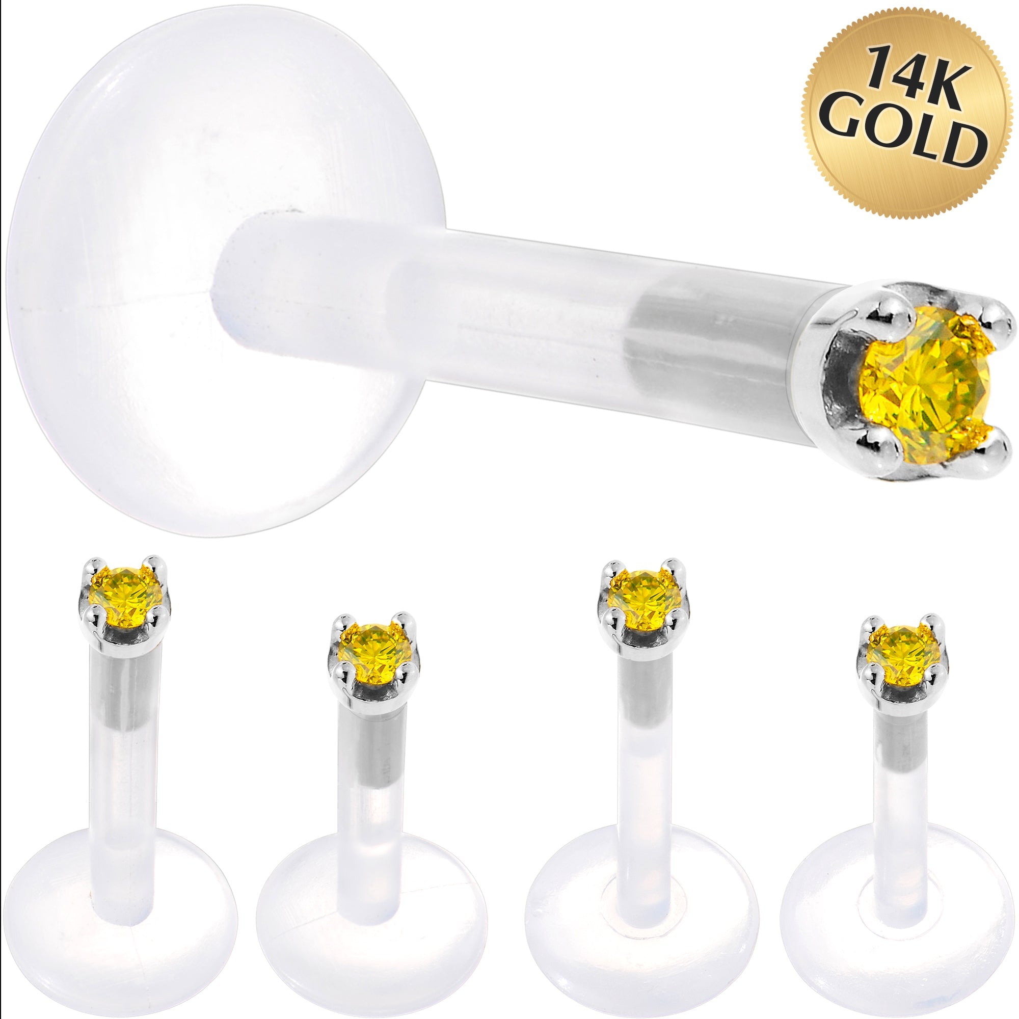 BodyCandy Solid 14K White Gold 1.5mm Genuine Yellow Diamond Bioplast Push in Labret — main product shot