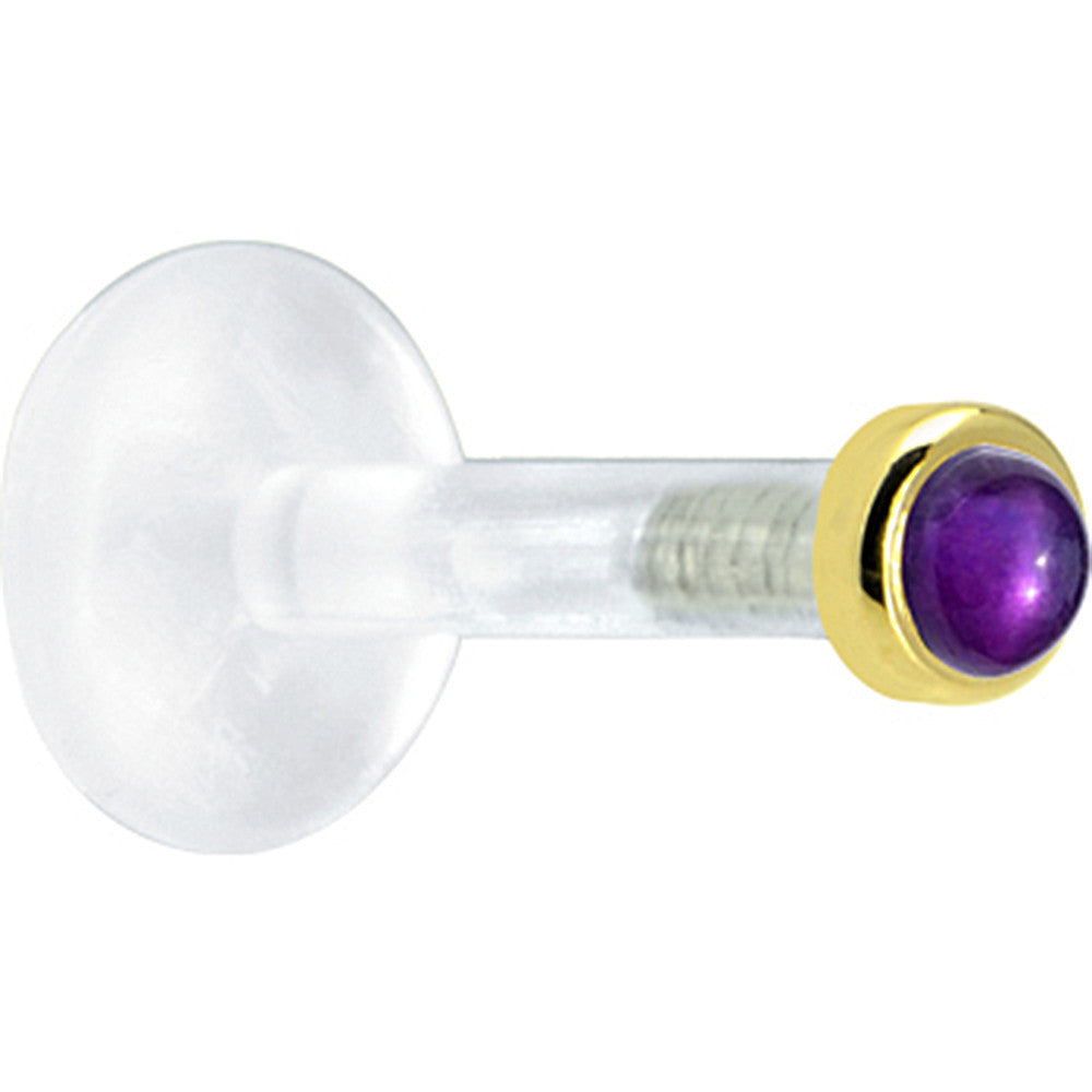BodyCandy Solid 14K Yellow Gold 2mm Genuine Amethyst Bioplast Push in Labret — detail close-up