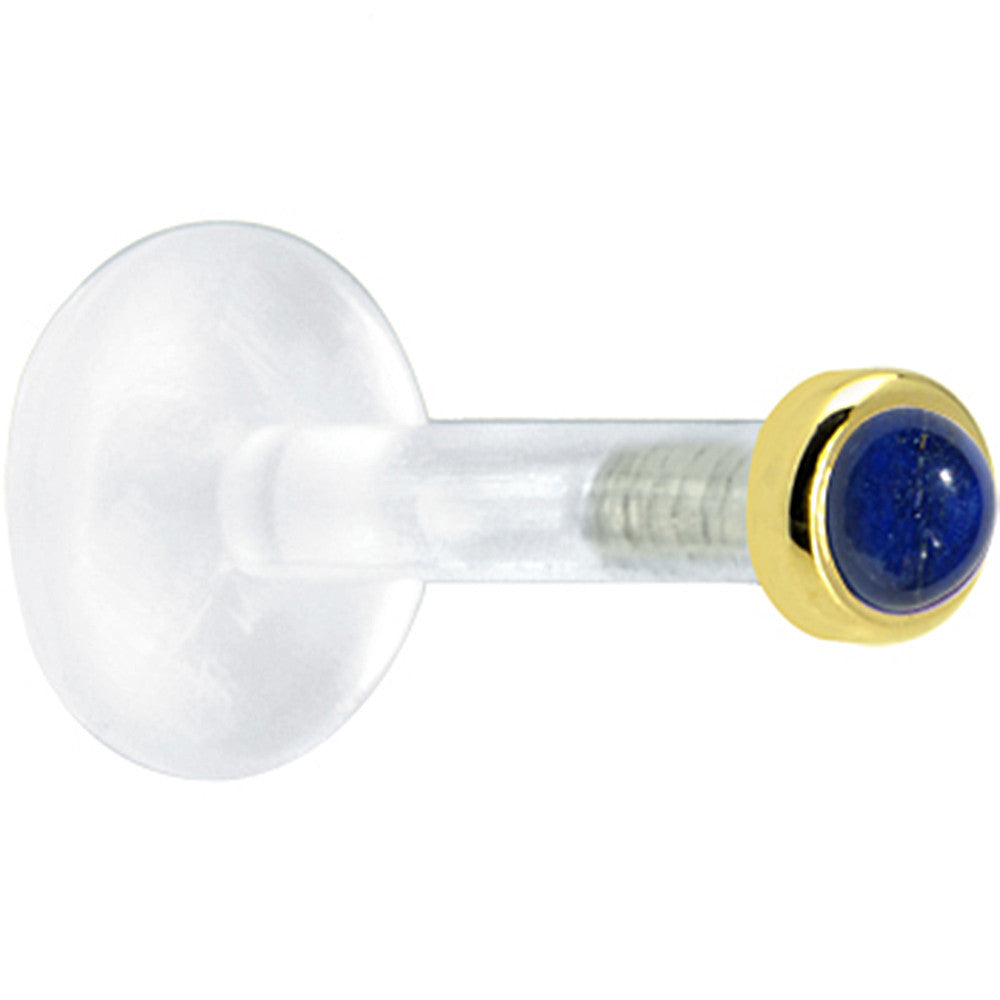 BodyCandy Solid 14K Yellow Gold 2mm Genuine Blue Lapis Lazuli Bioplast Push in Labret — detail close-up