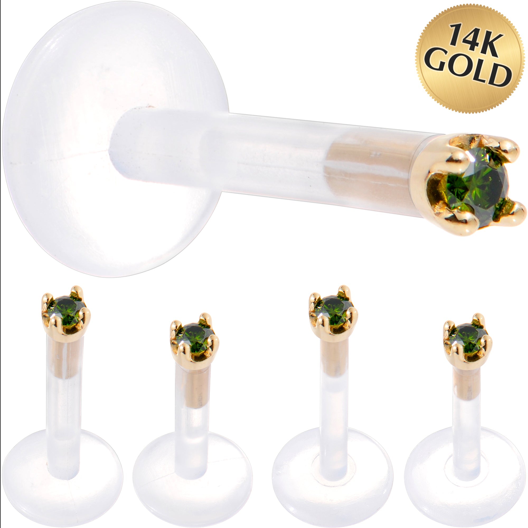 BodyCandy Solid 14K Yellow Gold 1.5mm Genuine Green Diamond Bioplast Push in Labret — main product shot