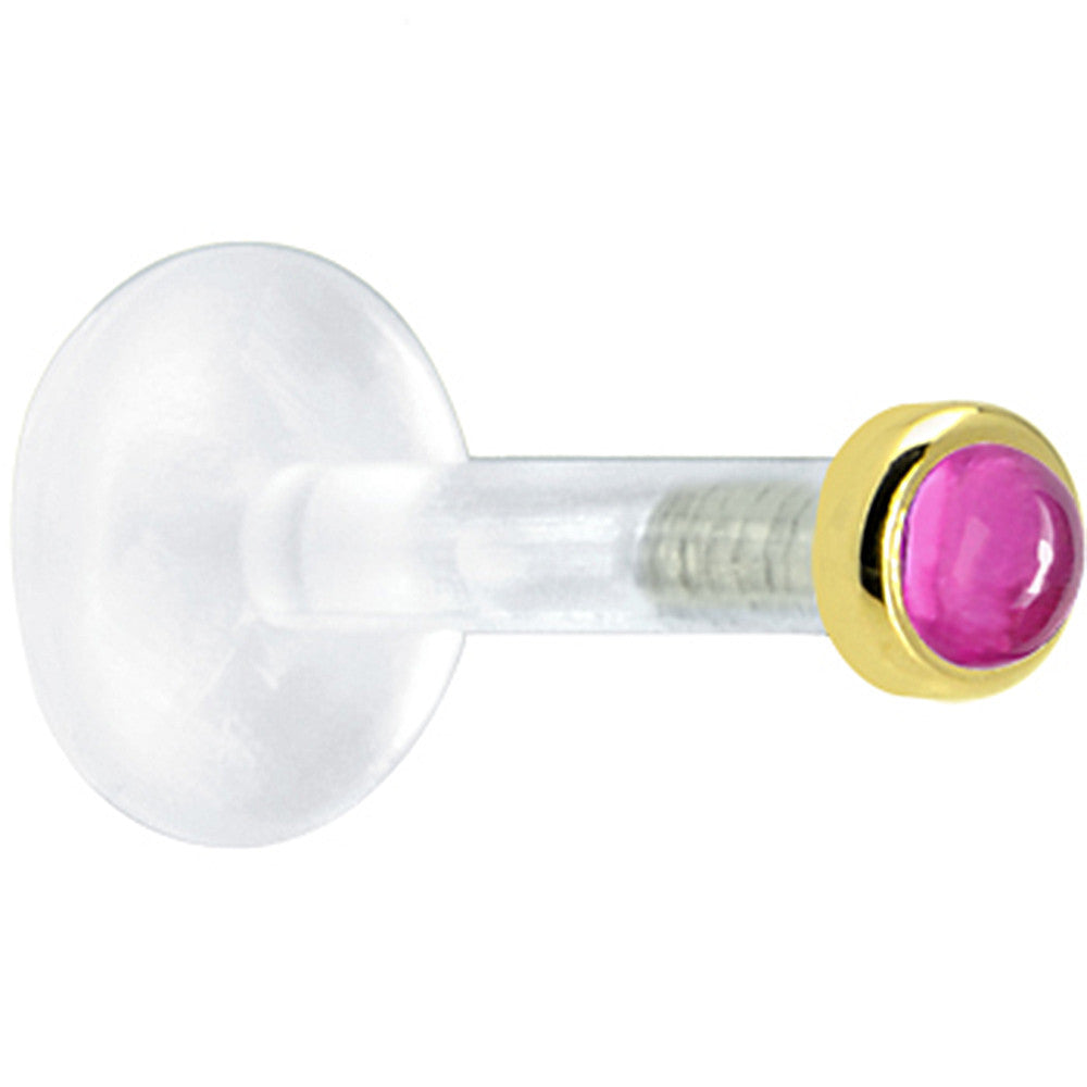 BodyCandy Solid 14K Yellow Gold 2mm Genuine Pink Tourmaline Bioplast Push in Labret — detail close-up