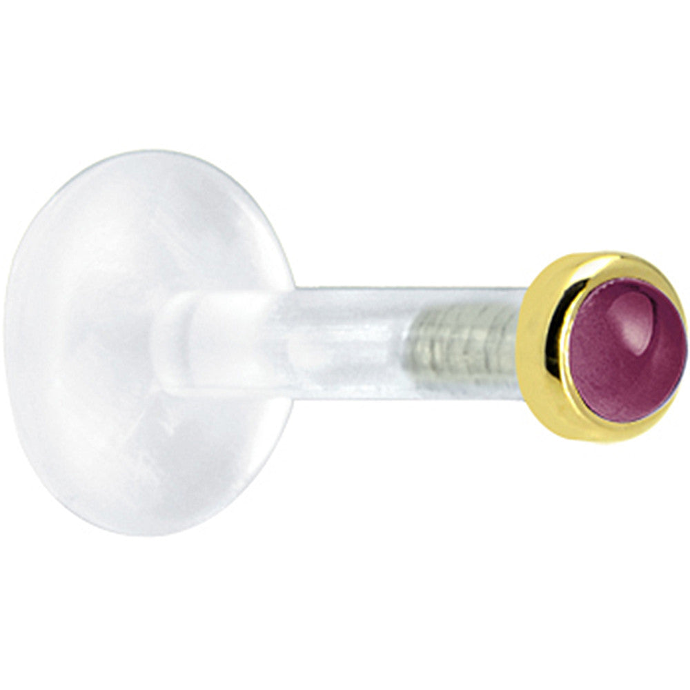 BodyCandy Solid 14K Yellow Gold 2mm Genuine Rhodolite Garnet Bioplast Push in Labret — detail close-up
