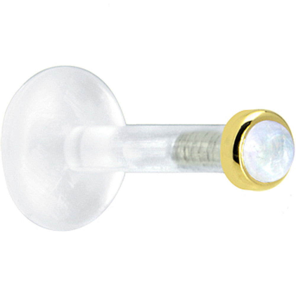 BodyCandy Solid 14K Yellow Gold 2mm Genuine Rainbow Moonstone Bioplast Push in Labret — lifestyle context